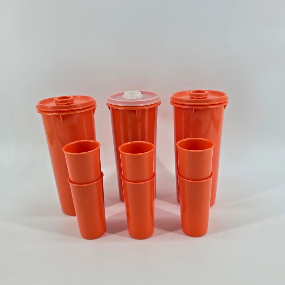 Vintage Tupperware 6pc Tumbler Set & 3pc Flip Top Beverage Holder Set Orange